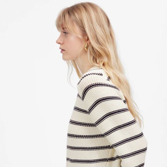 Madewell XL Bright Ivory Navy Stripes Reverse Knit Crewneck Sweater - Picture 8 of 16